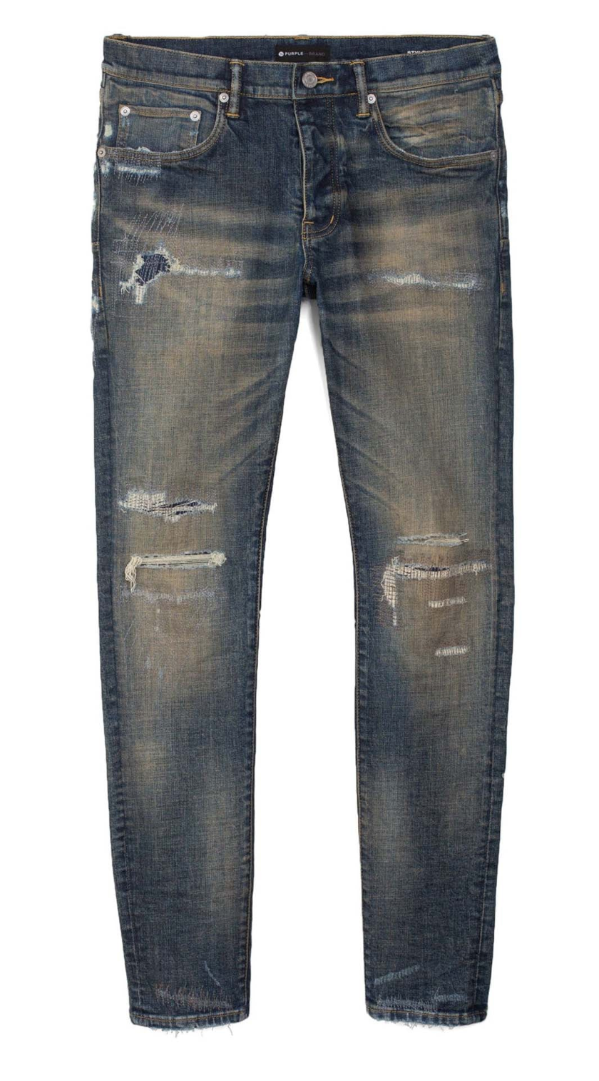 PURPLE BRAND LOW RISE SKINNY JEAN DIRTY INDIGO REPAIR
