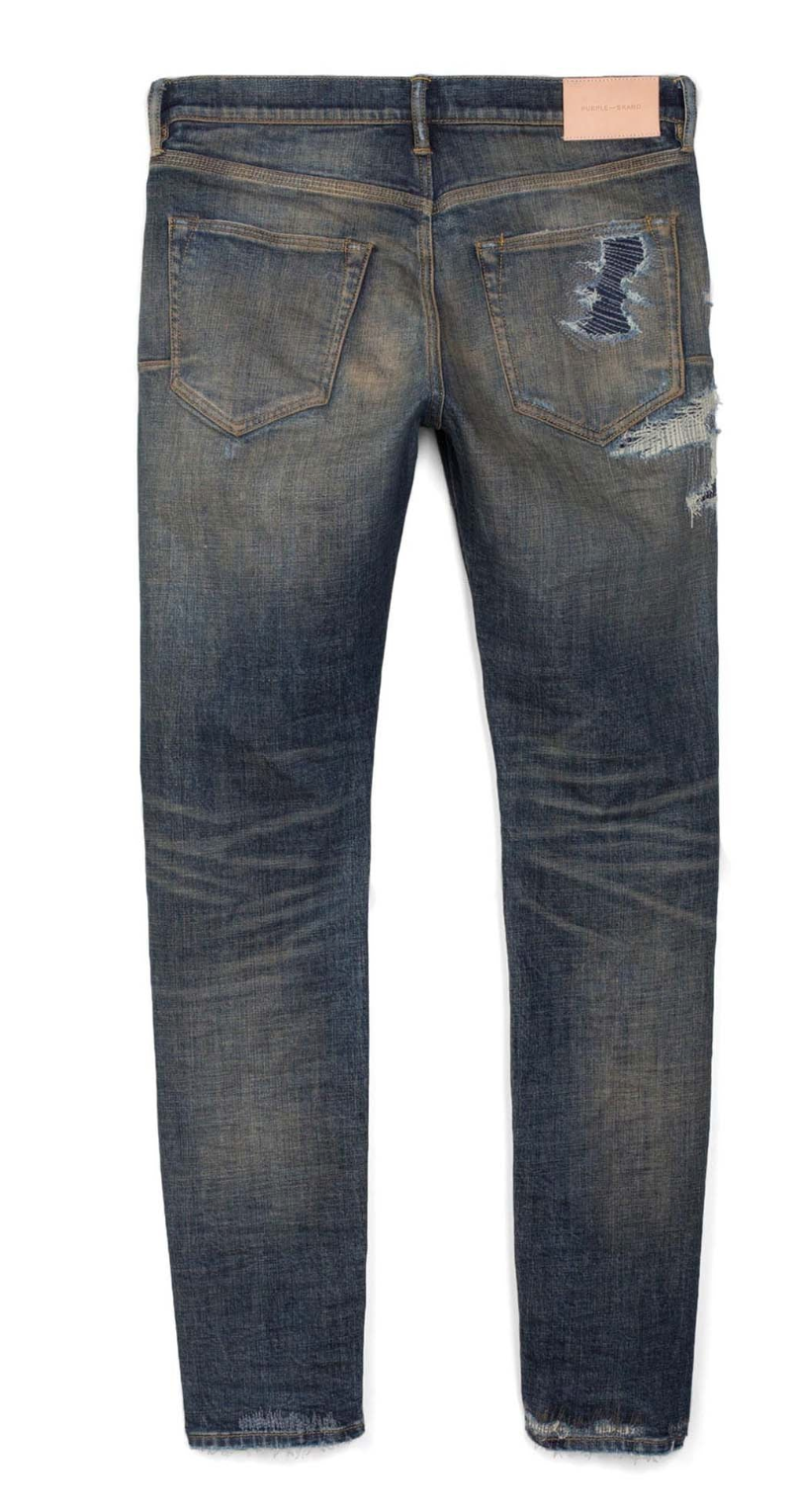 PURPLE BRAND LOW RISE SKINNY JEAN DIRTY INDIGO REPAIR