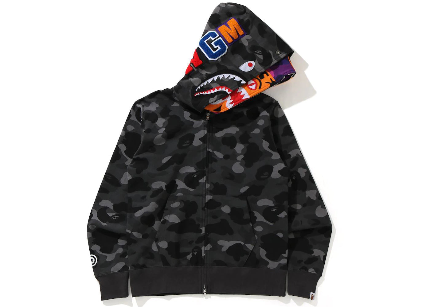 BAPE Color Camo Tiger Shark Wide Full Zip Double Hoodie Black