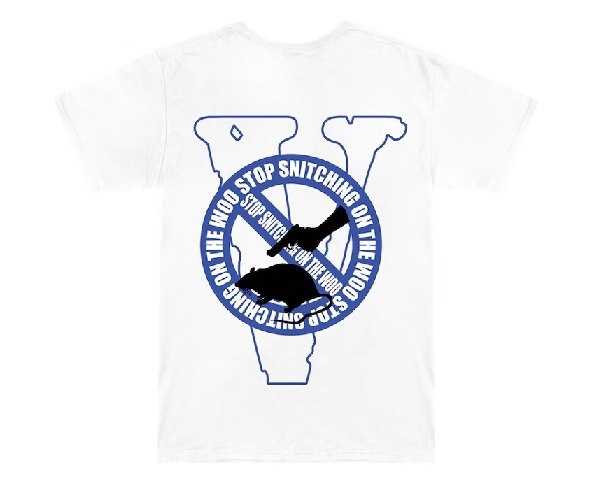 Camiseta Pop Smoke x Vlone Stop Snitching Blanco/Azul