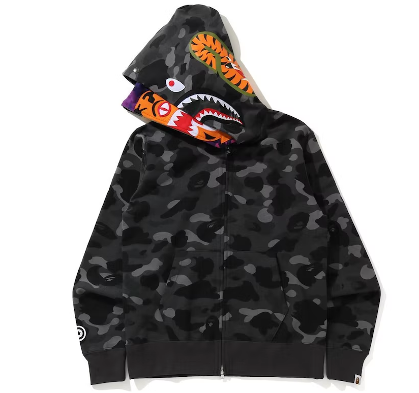 BAPE Color Camo Tiger Shark Wide Full Zip Double Hoodie Black