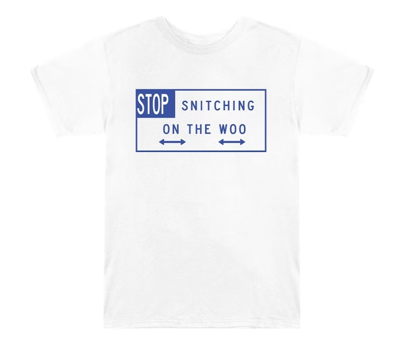 Camiseta Pop Smoke x Vlone Stop Snitching Blanco/Azul